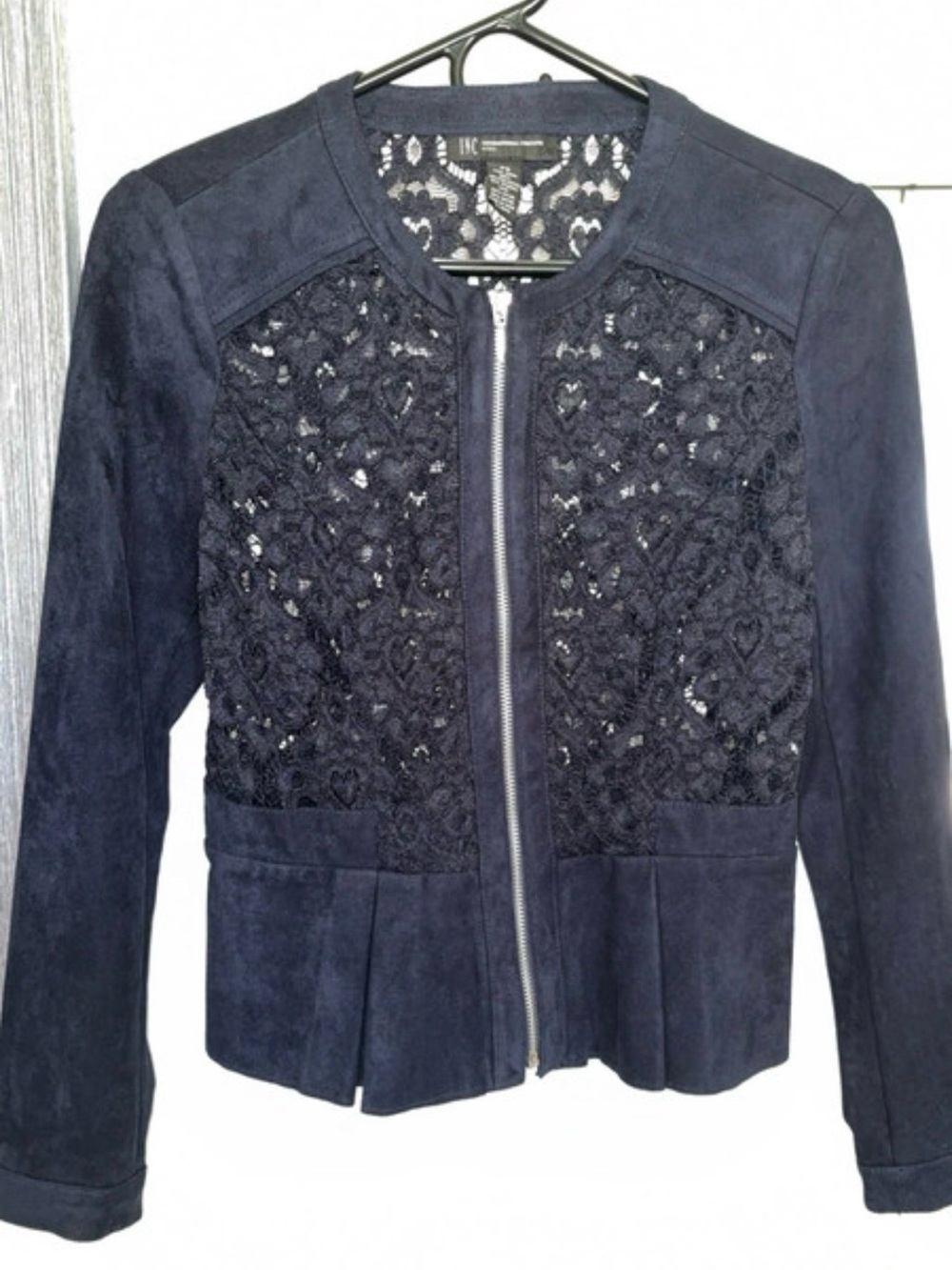 INC International Concepts Navy Lace Front Suede Zip Jacket